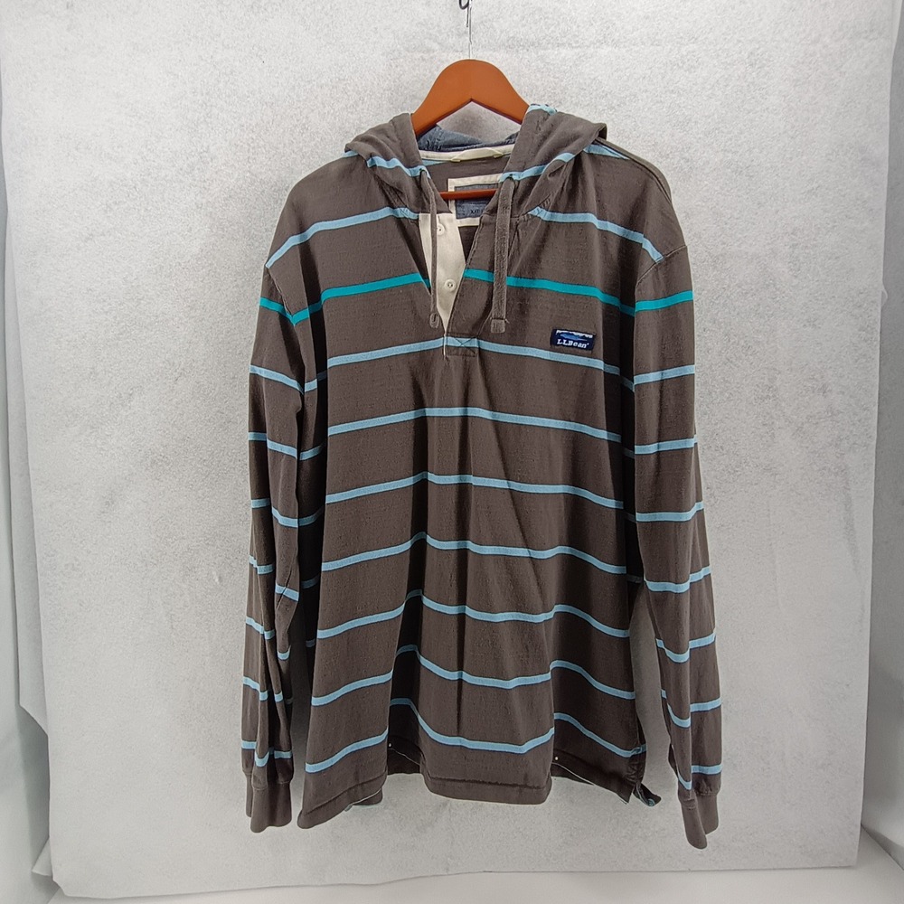 LL Bean Mens XXL Traditional Fit Hooded Rugby Shirt Brown Blue Striped Jersey